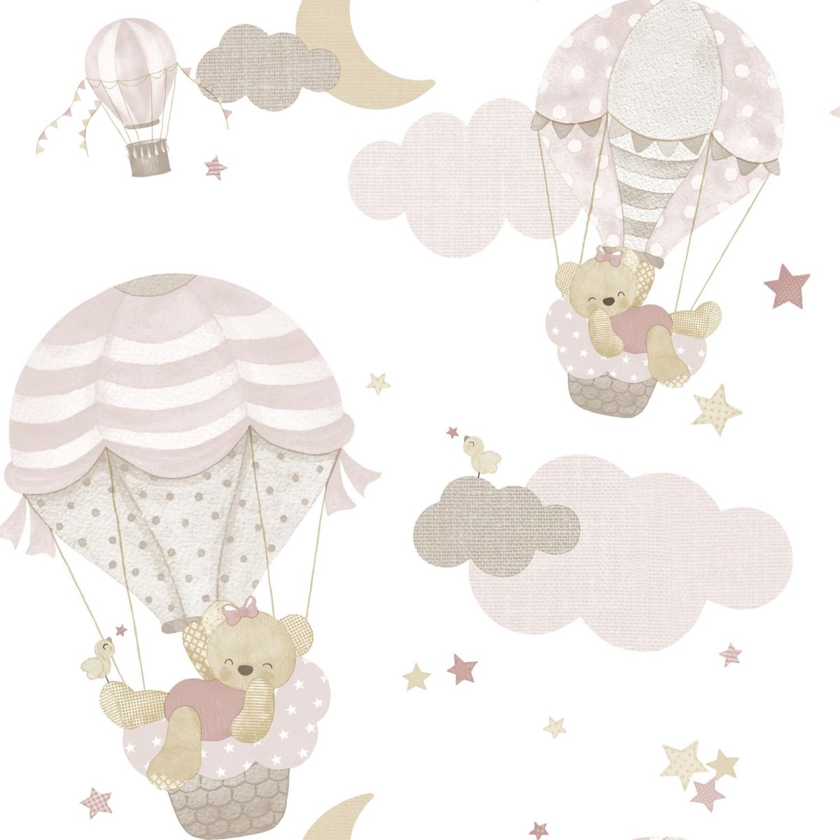 Behang - Beren Luchtballonnen - Wit Roze - Babykamer Meisje - Dieren - Wolken - Sterren - Maan - Pastel - Scandinavisch - 0,53 x 10,05 M - Happy