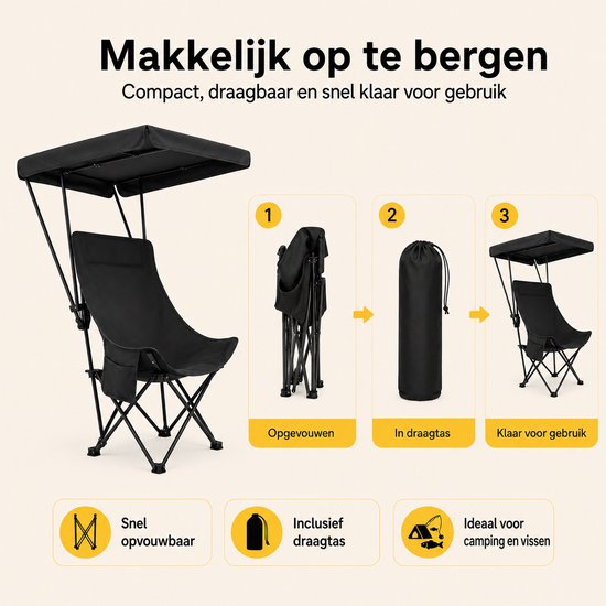 Gloovon® Campingstoel met Zonnedak - Opvouwbaar & Comfortabel - Versterkt 16mm Carbonstalen Frame - Belastbaar tot 140kg - Zwart van gloovon — afbeelding 2