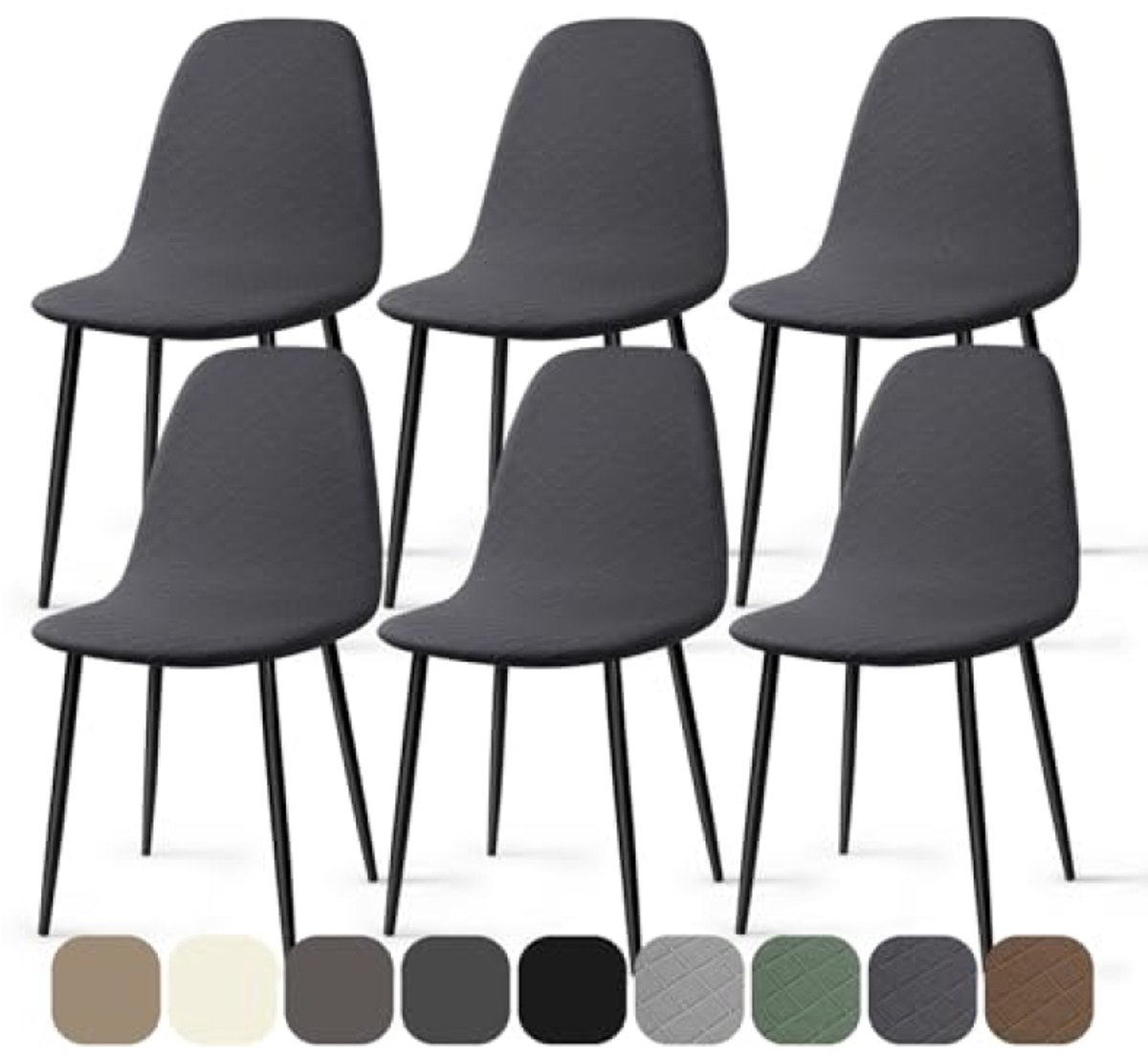 PromoHome Stretch Stoelhoes 6 Stuks Jacquard Universele Elastische Eetstoelhoezen Armloos Afneembaar Wasbaar - Donkergrijs