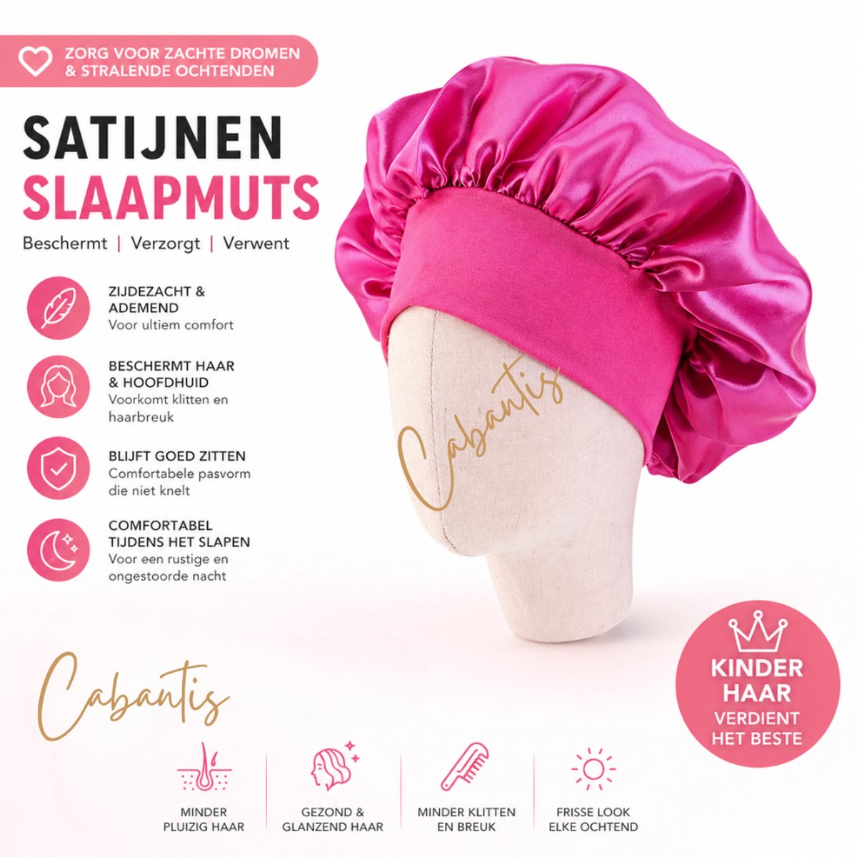 Cabantis Kinderslaapmuts - Bonnet - Slaapmuts Satijn Geweven- Hoofddeksel - Unisex - Fel Roze