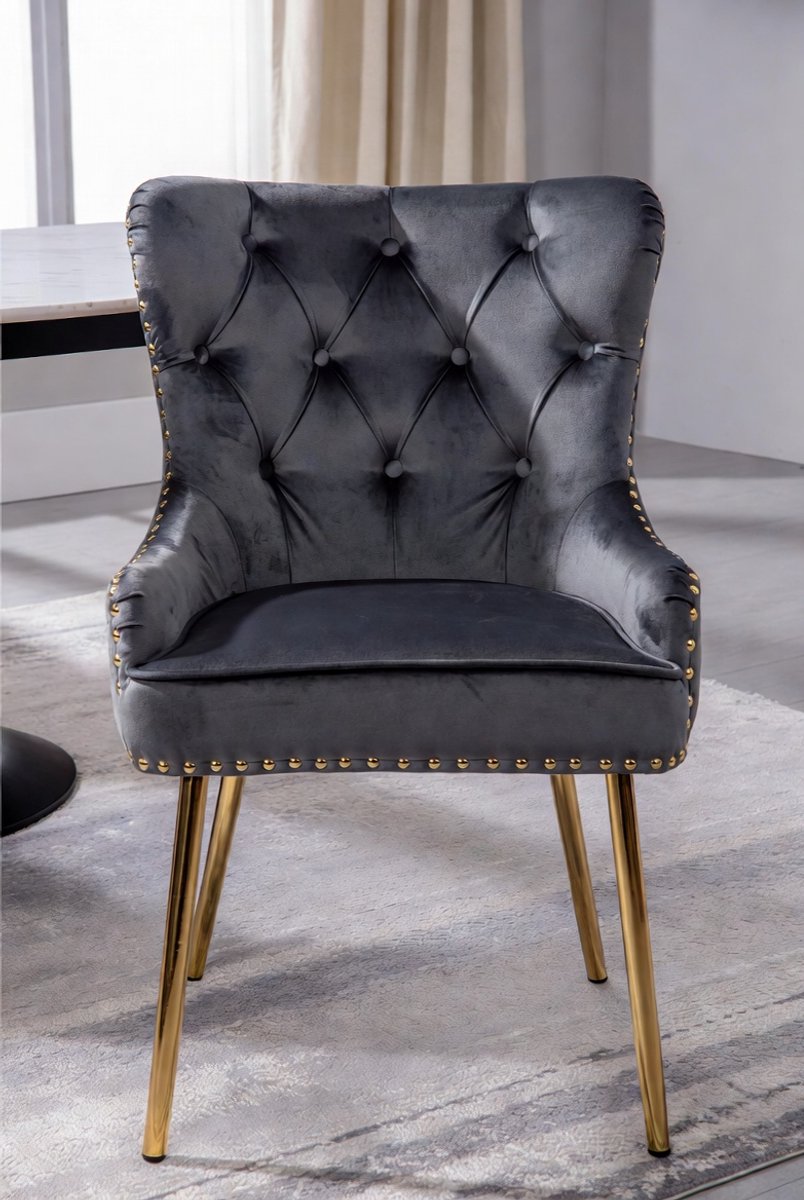 Luxe Eetkamerstoelen Set van 6 – Ganeey Velvet Fluwelen Stoelen met Gouden RVS Poten, Nagelkopafwerking & Deurklopper Design – Moderne Keukenstoelen Grijs – Design Eetkamer & Woonkamer Stoelen