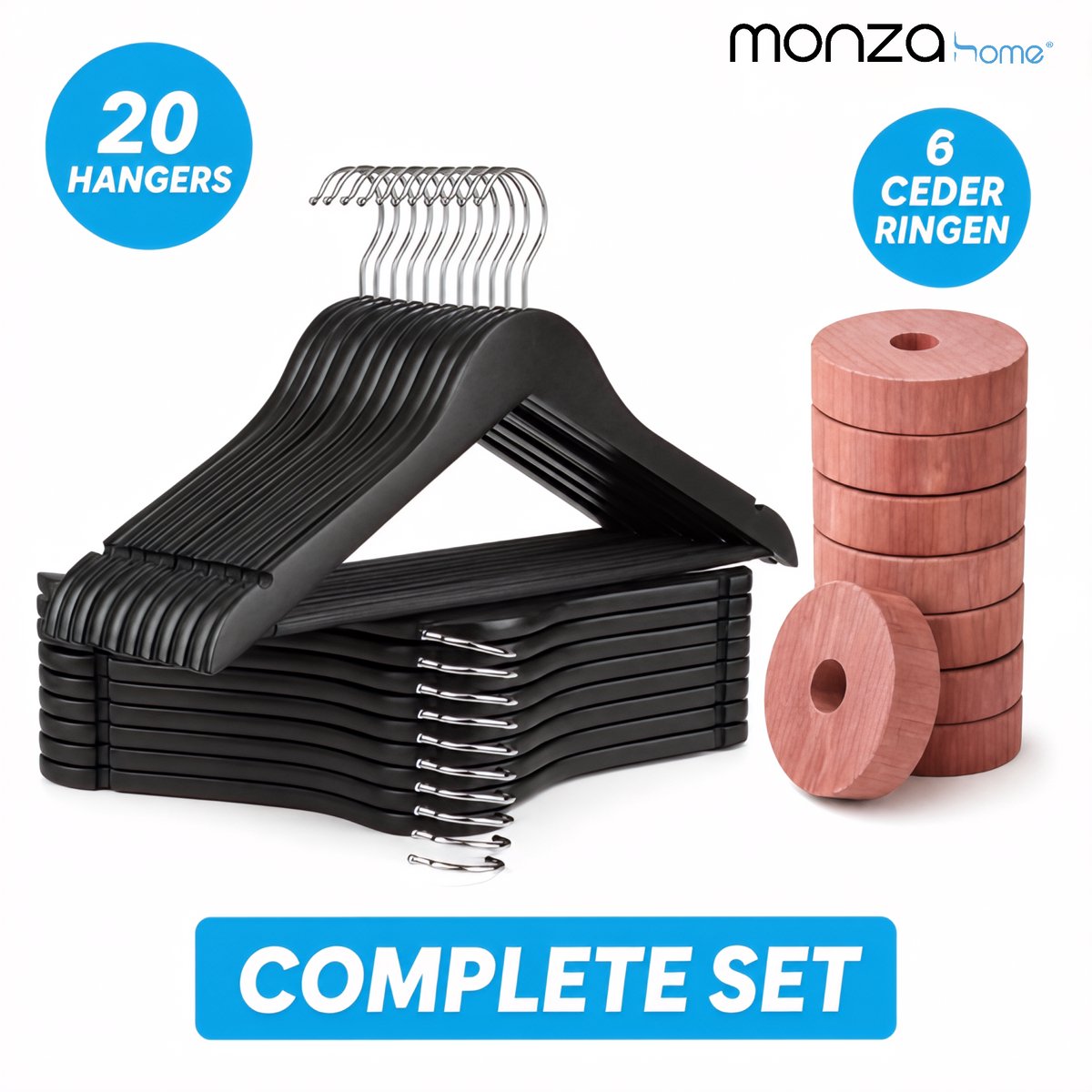 Monza Home® Zwarte Houten Kledinghanger + Cederhout – 20 Hangers & 6 Anti‑Mot Ringen – FSC