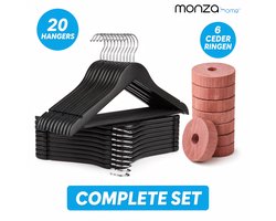 Kledinghangers Hout met Cederhout – Set van 20 Zwarte Houten Kleerhangers + 6 Ceder Ringen tegen Motten – Anti-slip Broeklat – 360° Draaibare Haak – 44,5 cm – FSC – Monza Home