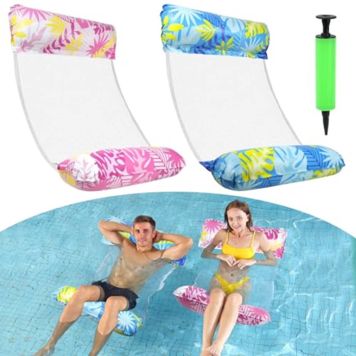 PromoHome 2 stuks 4-in-1 opblaasbare waterhangmat met luchtpomp - Luchtmatras zwembad voor volwassenen en kinderen - Hangmat ligstoel drijfzadel trainingszadel - Blauw en roze