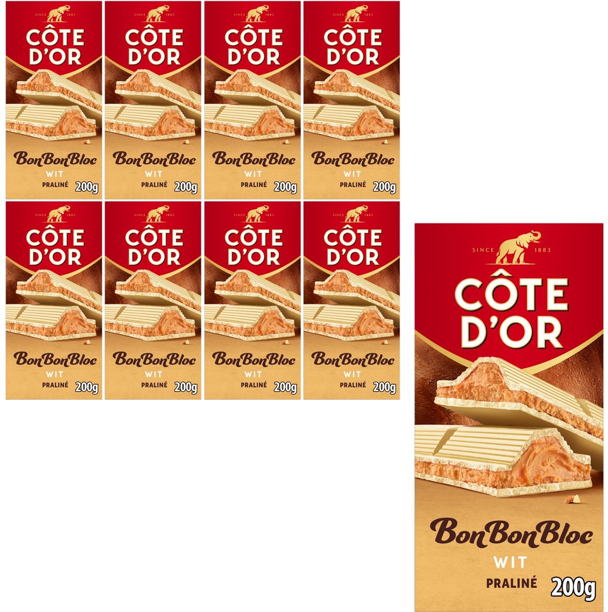 Côte d'Or BonBonBloc Chocoladereep Wit Praliné 8 x 200g - Chocolade Tabletten - Cadeau vrouwen of mannen verjaardag - Voorraad