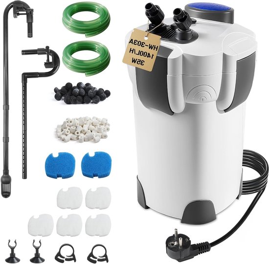 SnelShoppen - EXLECO Buitenfilter Aquarium met UV-Lamp, 1400 l/u, 35W Filter voor Aquaria tot 300 Liter, Instelbaar Canisterfilter met Filtermateriaal