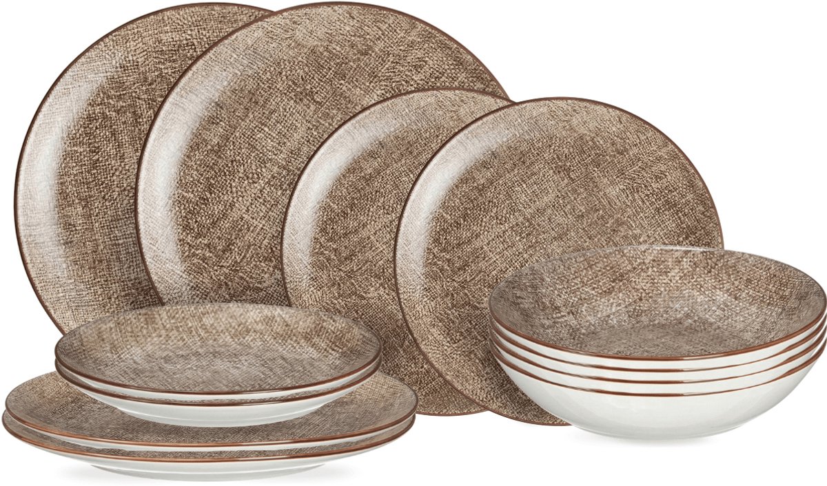 Cookinglife Serviesset Tela Bruin 12-delig - Servies Set 4 Personen - Modern Design Porselein - Vaatwasser- & Magnetronbestendig — afbeelding 1