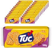 Doos met 24 verpakkingen TUC Smoky Bacon crackers en een losse verpakking. Ovengebakken.