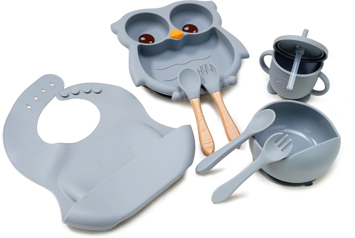 Eurocatch Baby Servies Set 8-delig Siliconen - Uilenthema - Zuignapbord en Anti-lek Beker - Vaatwasser en Ovenbestendig - BPA-vrij - Uil - Blauw Grijs