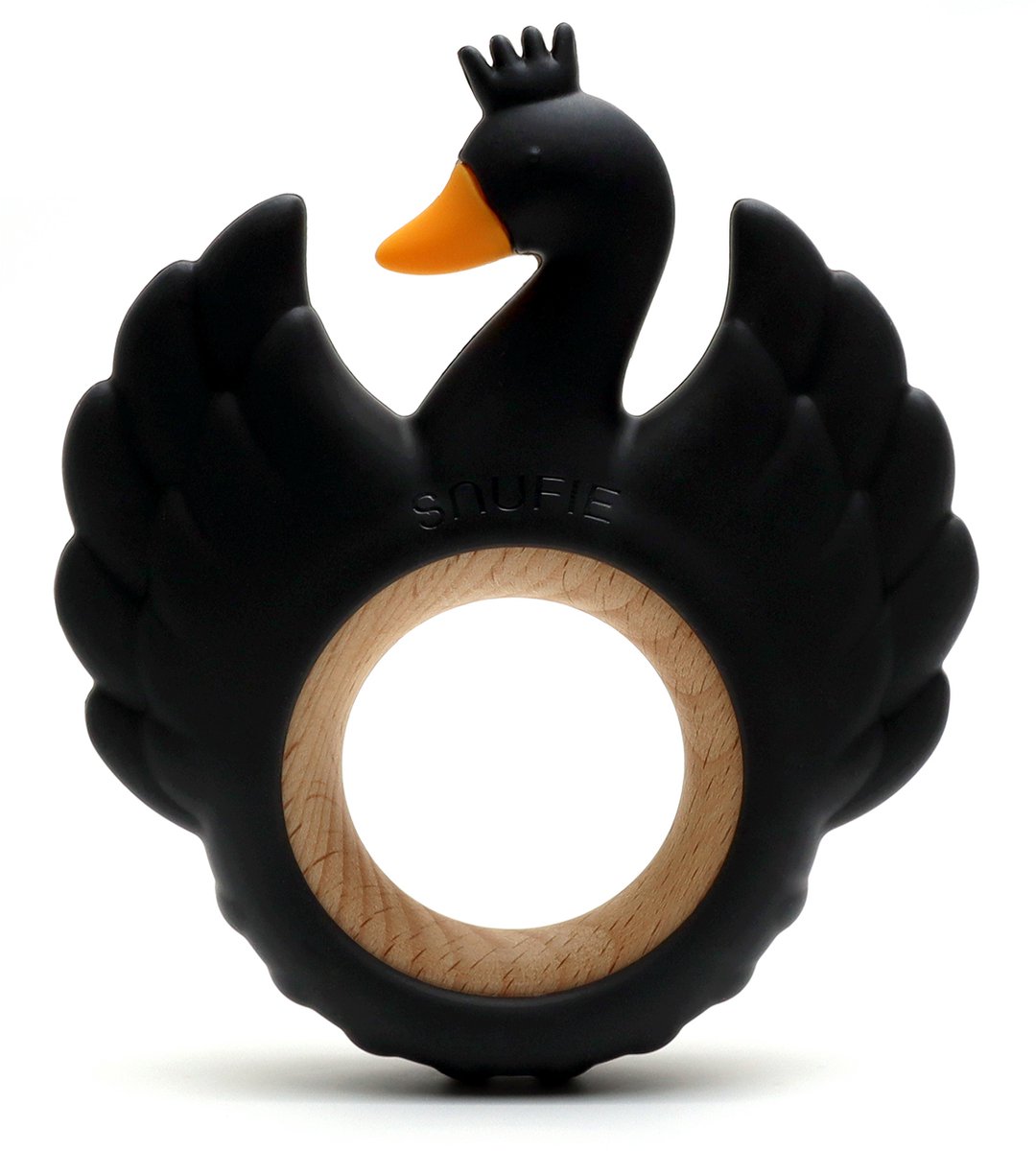 Snufie Zwaan Bijtring – Hout & Siliconen – Baby Speelgoed – Kraamcadeau – Babyshower Cadeau – BPA-vrij – Vanaf 3 maanden – Zwart