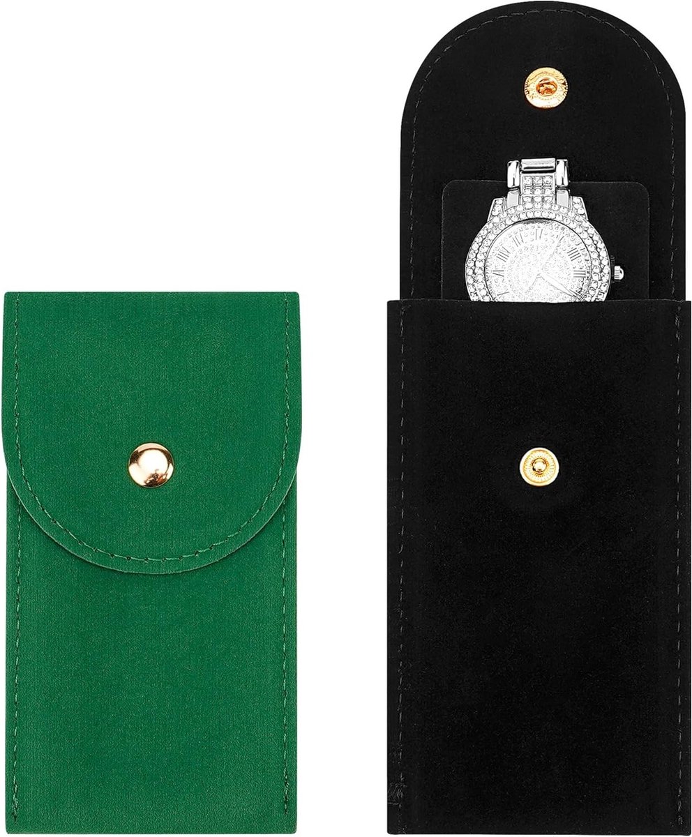 2 Stuks Velvet Reisdoos voor Horloges voor Mannen en Vrouwen, Draagbare Horloge Pouch met Verstelbare Kussen, Krasbestendige Opbergtas voor Reizen en Cadeaus (Groen, Zwart)