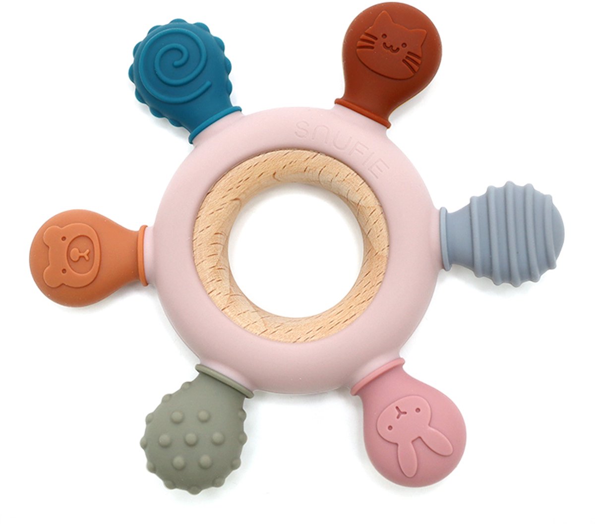 Snufie Fusion Bijtring – Hout & Siliconen – Baby Speelgoed – Kraamcadeau – Babyshower Cadeau – BPA-vrij – Vanaf 3 maanden – Blush