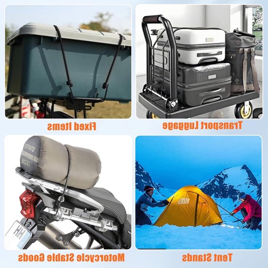 Set van 10 Verstelbare Elastische Bagage Tensioners met Haken - Stretch Rubber Expander Straps voor Tarpaulins, Fietsen en Motoren - Ideaal voor Camping en Autolading (30cm/60cm/100cm) — afbeelding 3