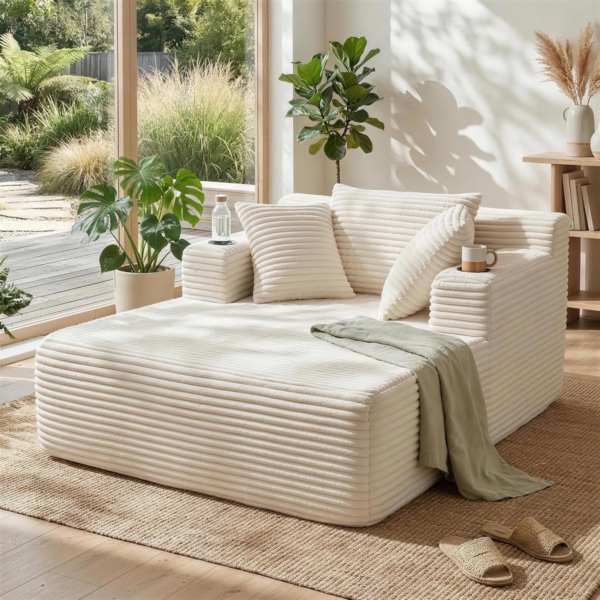 YINIX Corduroy Sleeping Chair, Giant Floor Sofa with 2 Cup Holders and 3 Cushions, Modern Cloud Sofa with 20 cm Thick Backrest, No Assembly Required, Comfortable Recliner Chair for Living Room