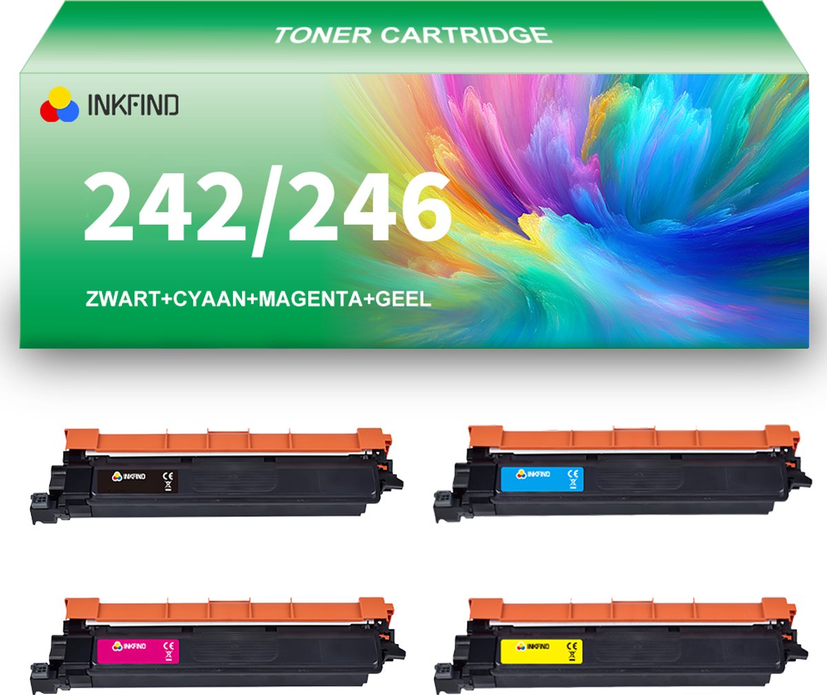 INKFIND TN242/TN246 tonercartridge extra hoge capaciteit multipack van 4 stuks (Zwart+Cyaan+Magenta+Geel) compatibel met Brother TN242 TN246 TN-242BK/246C/246M/246Y voor Brother HL-3152/3142/3172CDW/MFC-9332/9342CDW toner cartridge - 4-pack BK/C/M/Y