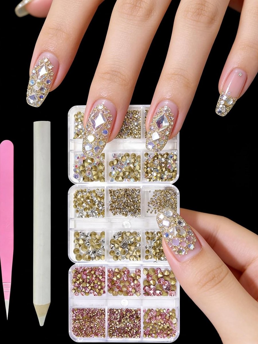 Grote set met 5000+ ronde platte rhinestones in gemengde kleuren en maten, inclusief pincet en dots pen voor luxe DIY nagelkunst en telefoonhoesjes accessoires