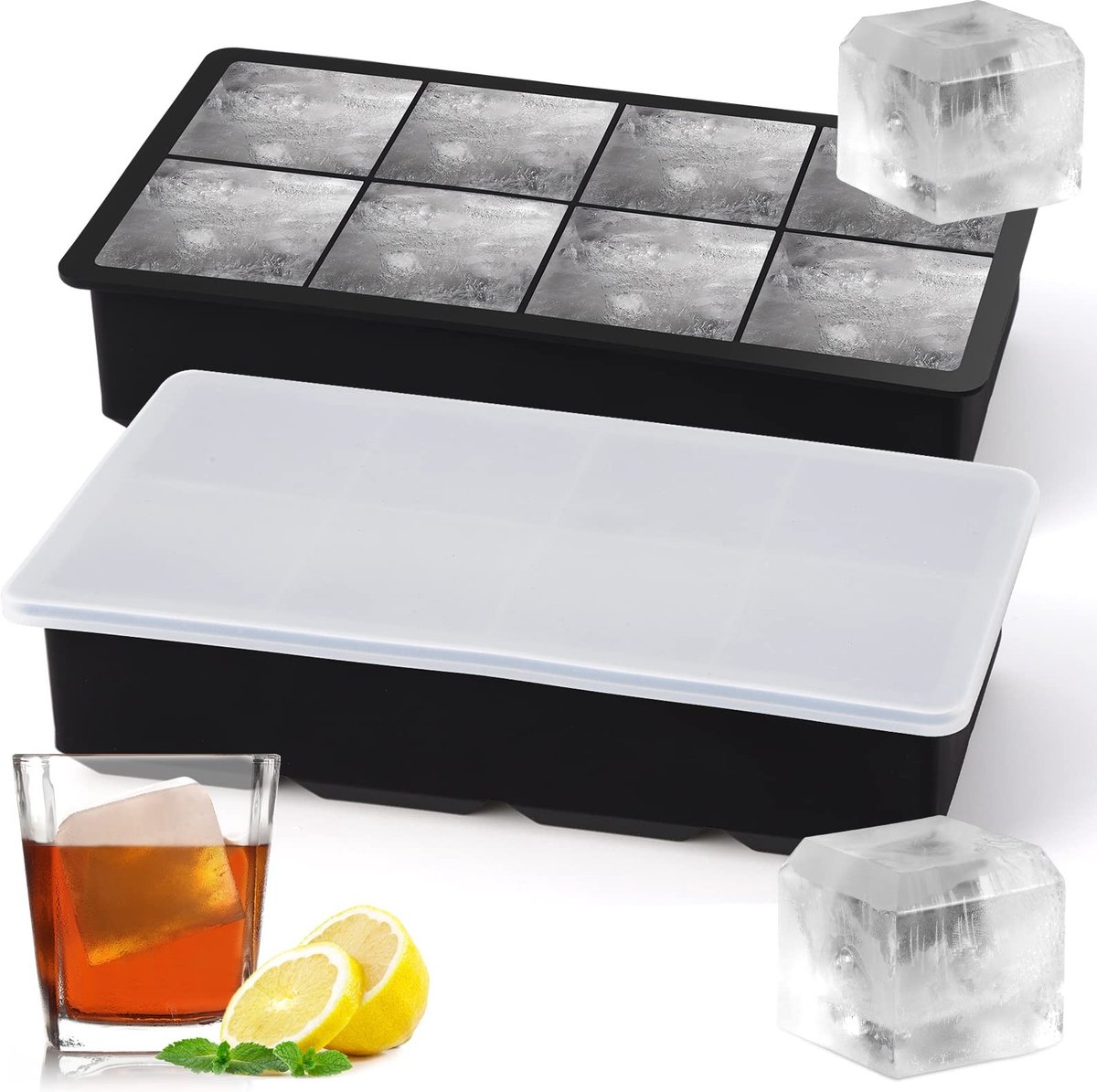 Allecto - Silicone IJsblokjesvorm - XXL IJsblokjes Tray - Met Deksel - Set van 2 - IJsblokjes Mould - BPA-vrij - Geschikt voor Koelkast en Magnetron