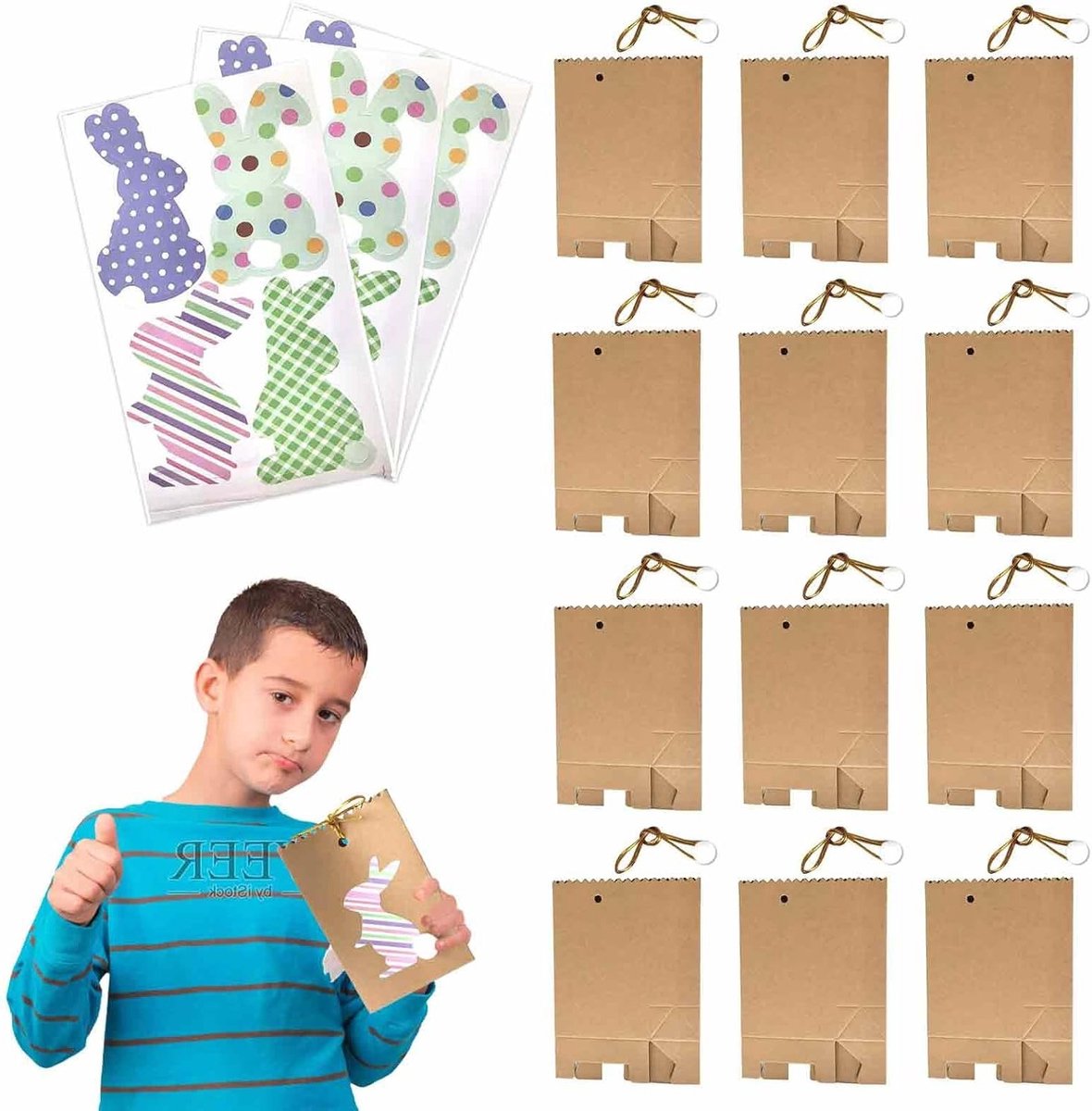 Vrolijke Paaszakken voor het Vullen van Paascadeaus - Set van 12 Kleine Bruine Papieren Tassen met Schattige Paashaas Stickers en Houten Clips voor Snoepjes en Cadeautjes