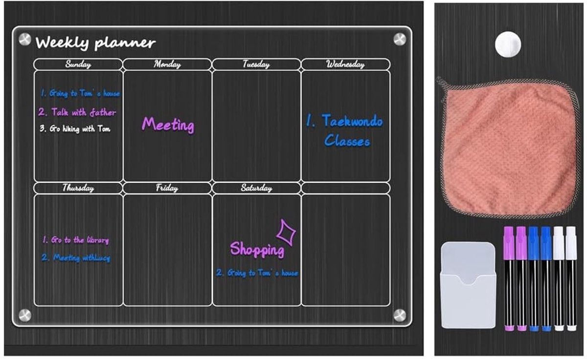 Allecto - Magnetisch Acryl Weekkalender - Planning Bord - Erasable Planner - Duidelijke Kleur - Maaltijdplanning - Dagelijkse Organisatie - Geschi