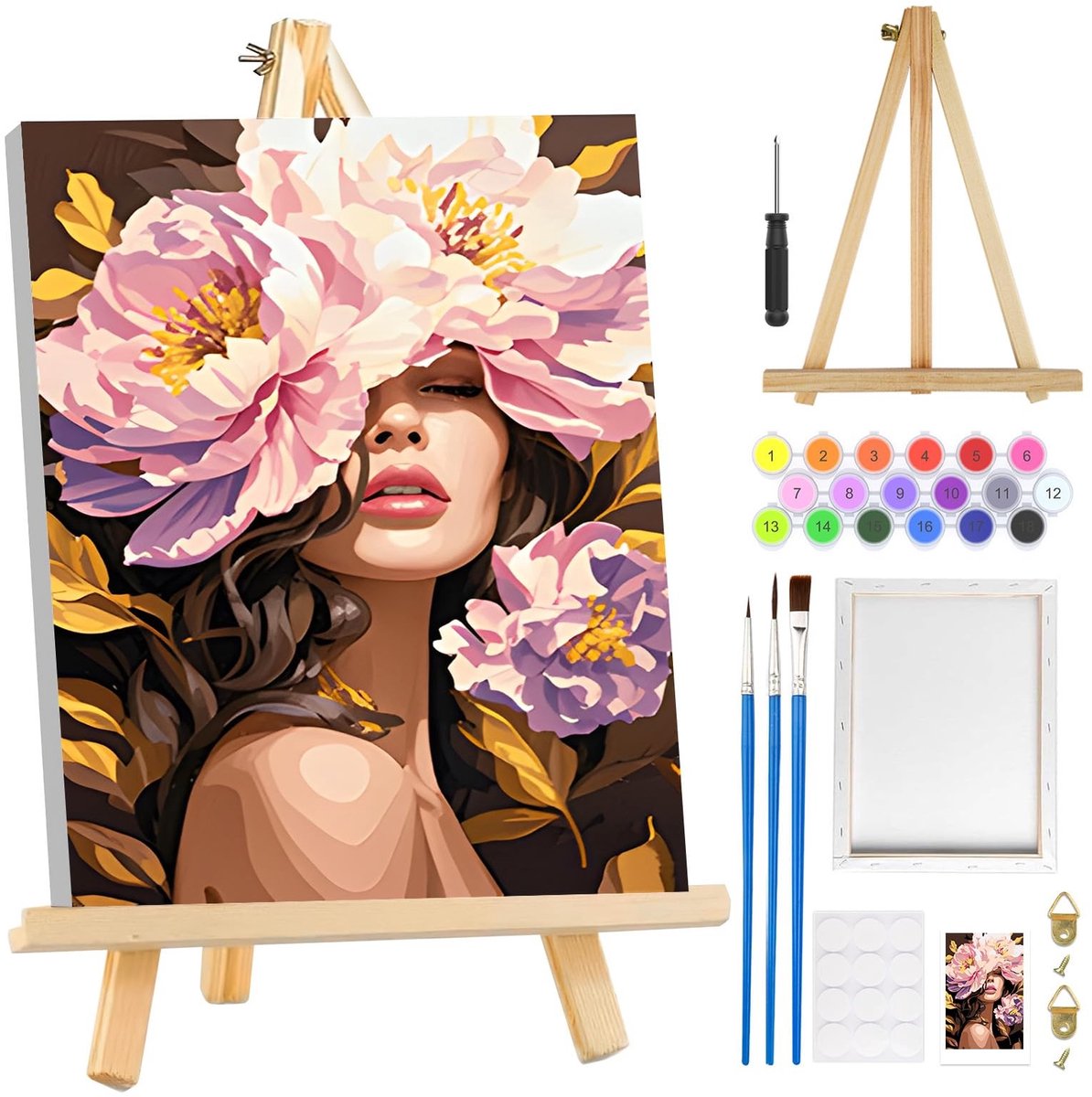 Allecto - Schilderen op Nummer - Creatief DIY Kunstproject - Inclusief Houten Easel - Schilderij met Bloemen - Geschikt voor Volwassenen