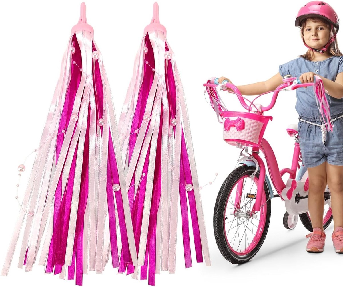 Kinderen Fiets Versieringen - Handvat Tassen, Fiets Streamers en Vlaggen voor Jongens en Meisjes (Roze, Rood) - Fietsaccessoires voor Creatieve Decoratie