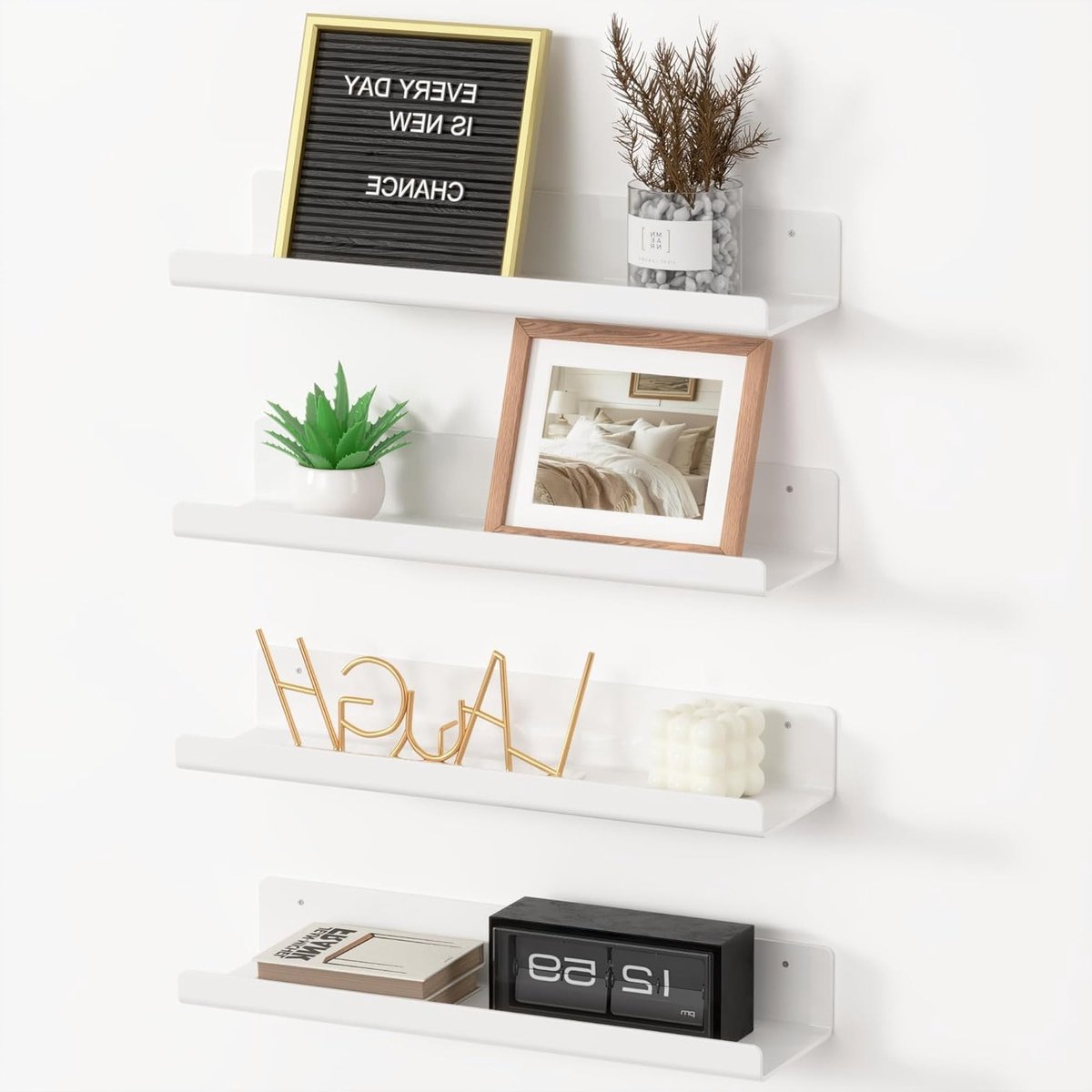 Set van 4 Witte Acryl Wandplanken zonder Boren, 38x10cm, Ideaal voor Badkamer, Vinylplaten en Decoratie