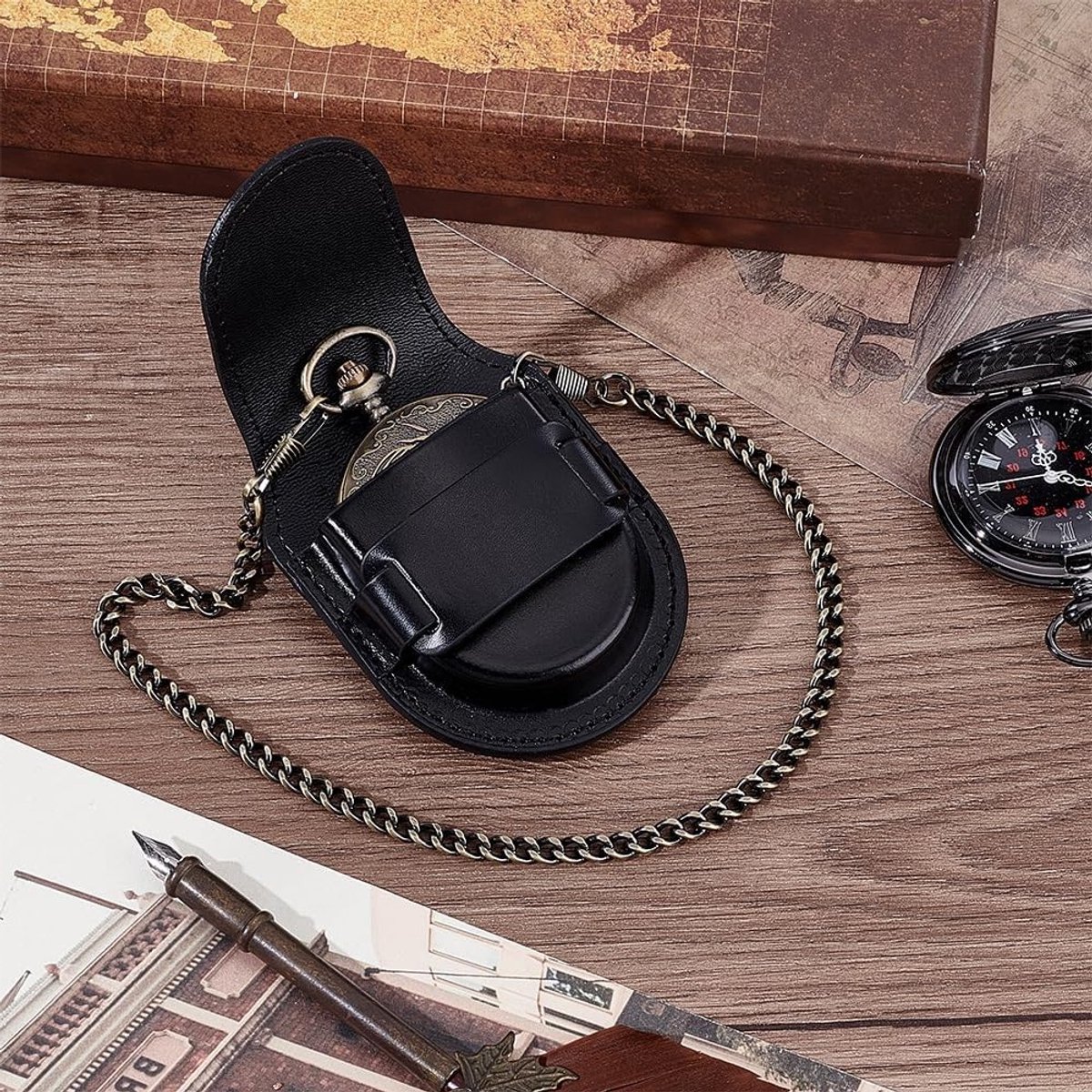 Vintage Stijl Pocket Watch Organizer - PU Lederen Reistas voor Horloges, Mini Heuptas en Fotobox voor Vader - 3.1x2.6 Inch