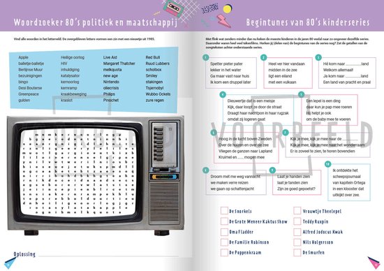 Pagina uit "Het Onwijs Gaaf Jaren 80 DoeBoek" met een woordzoeker politiek en maatschappij, en "Begin tunes van 80's kinderseries".