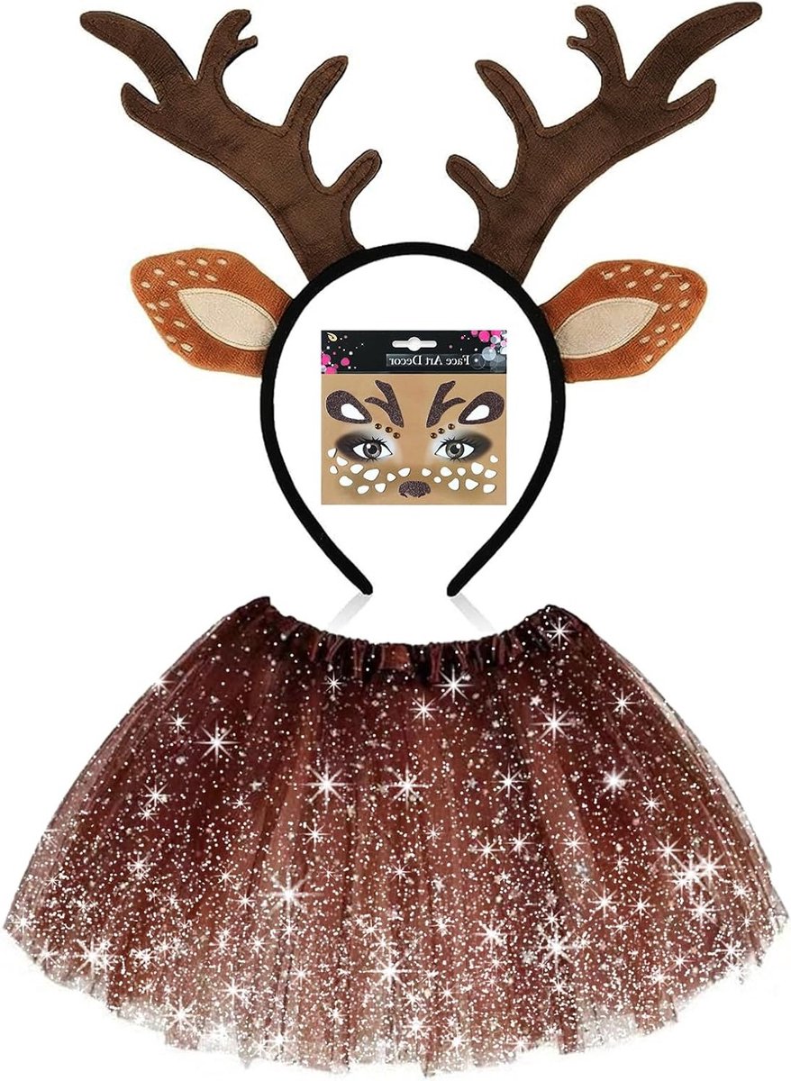 Vrouwelijk Hert Kostuum voor Halloween met Gezichtstatoeage, Perfect voor Carnaval en Kerstfeest