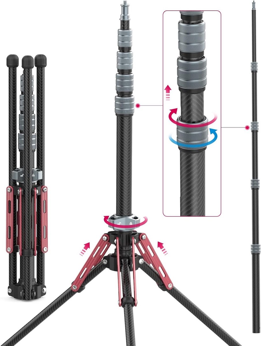 Verstelbare Lamp Statief van Koolstofvezel 194cm voor Studioverlichting, Softbox en Reflector met Draagtas