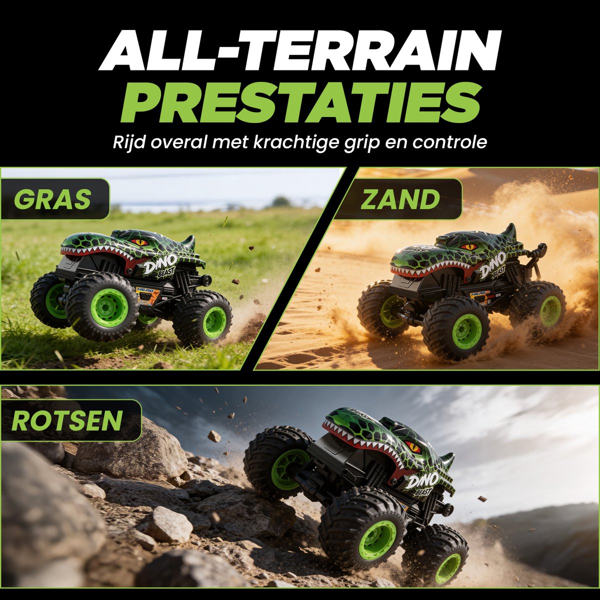 Strolox® Dinosaurus bestuurbare auto – RC stuntauto voor Jongens – afstandsbestuurbare Monster Truck met LED & Geluid – Offroad 4WD – Voor Binnen & Buiten — afbeelding 7