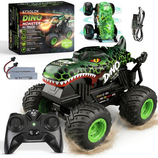 Groene en zwarte dino monstertruck, afstandsbediening, batterijen, USB-kabel en verpakking.