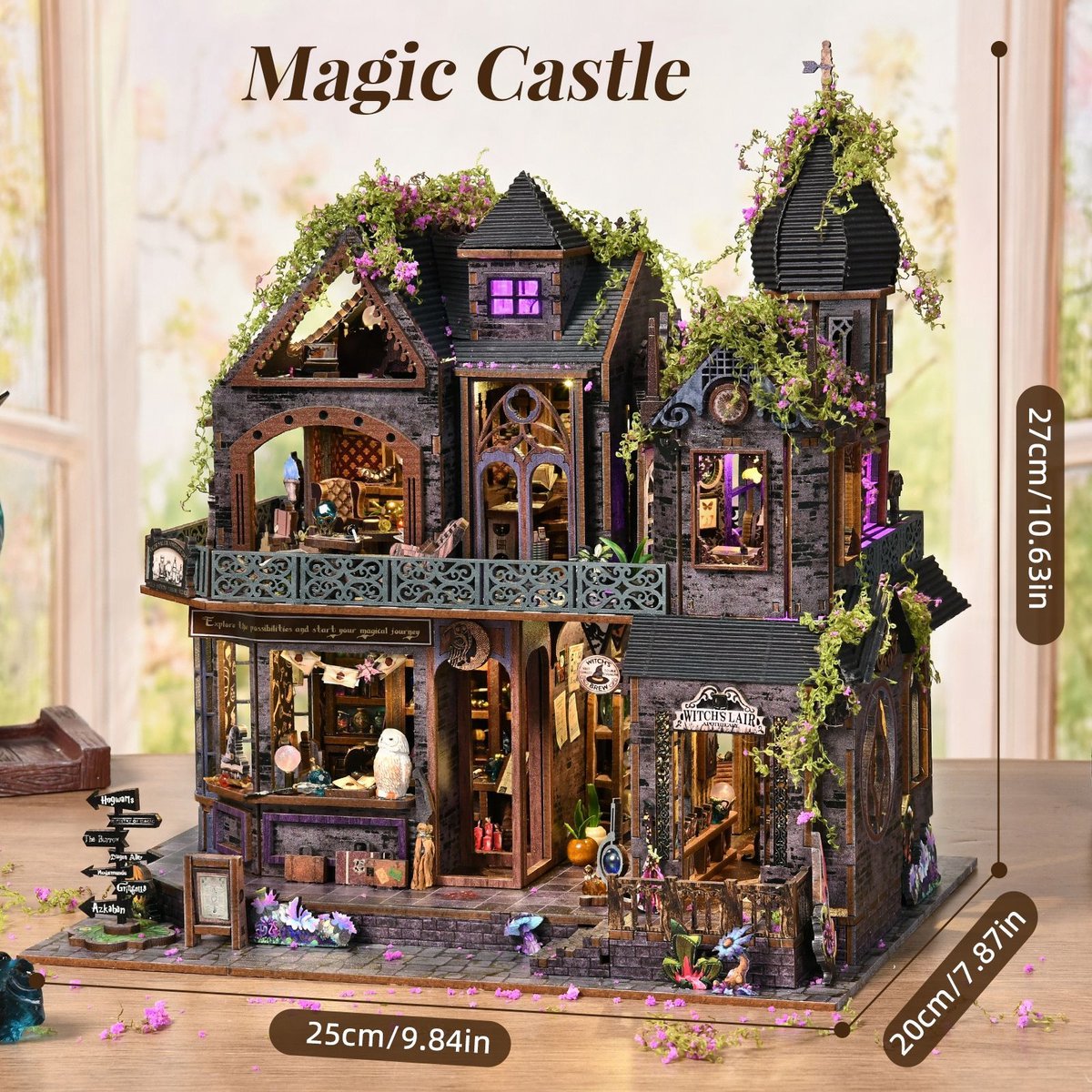 Premium Miniatuur XXL bouwpakket (Extra groot) - DIY Houten 3D Puzzel Magic House met LED Verlichting, Bewegingssensor & Muziekdoos – Book Nook Boekensteun Miniatuur Bouwpakket – Cadeau voor Volwassenen (15+) — afbeelding 7