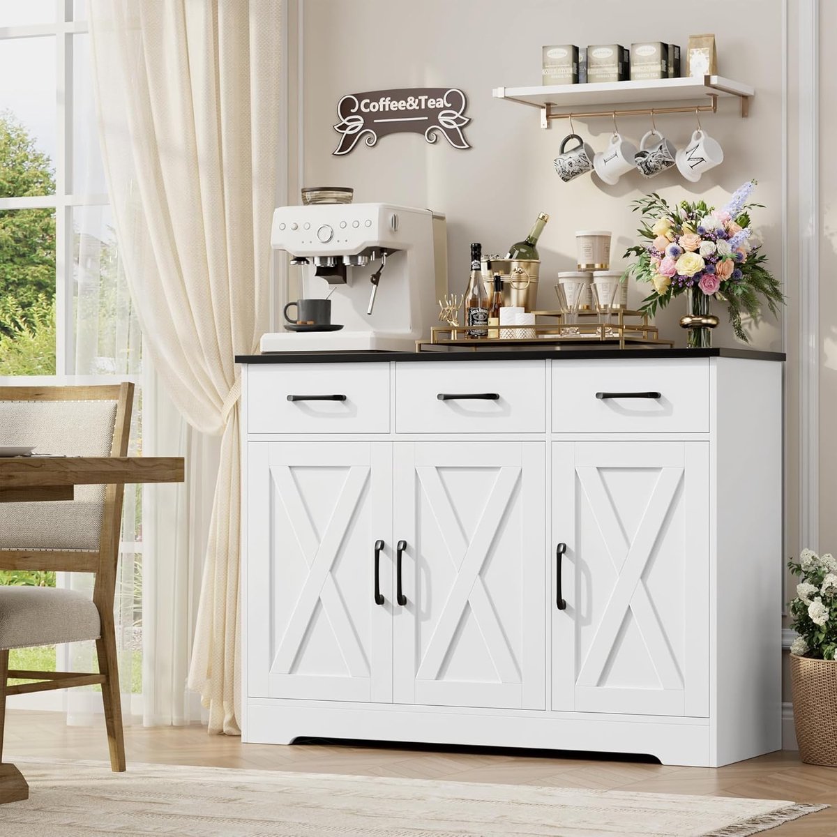 Bartafel Uitschuifbaar met Opbergruimte 138-204 x 39 x 105 cm – Witte Keukentafel / Bar Tafel met Draaiplateau, Opbergkast en Inklapbaar Design – Multifunctionele Bistrotafel en Sideboard – Dader