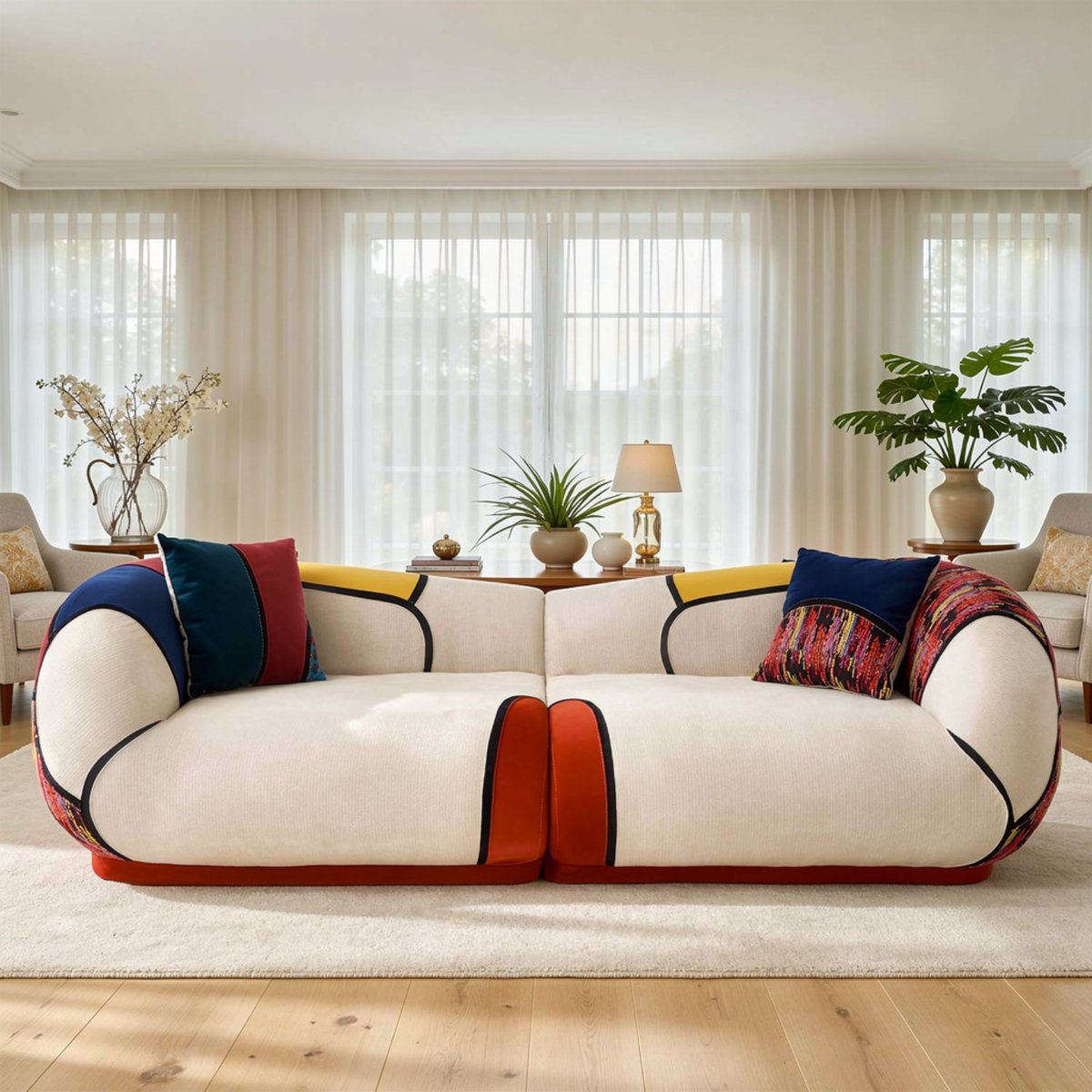 Luxe Boho Curve Modulaire 3-Zits Bank 265 cm met Chenille Bekleding, Diepe Zitting (70 cm), Ergonomisch Gebogen Design, Frameloos Comfort, 4 Zitplaatsen, Flatpack Slaapbank zonder Montage