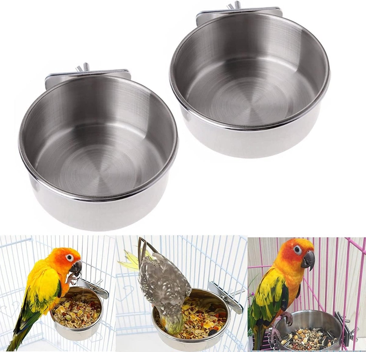 Hanging vogelvoederstation met 2 roestvrijstalen voerbakken voor zaden en papegaaien, 10 cm