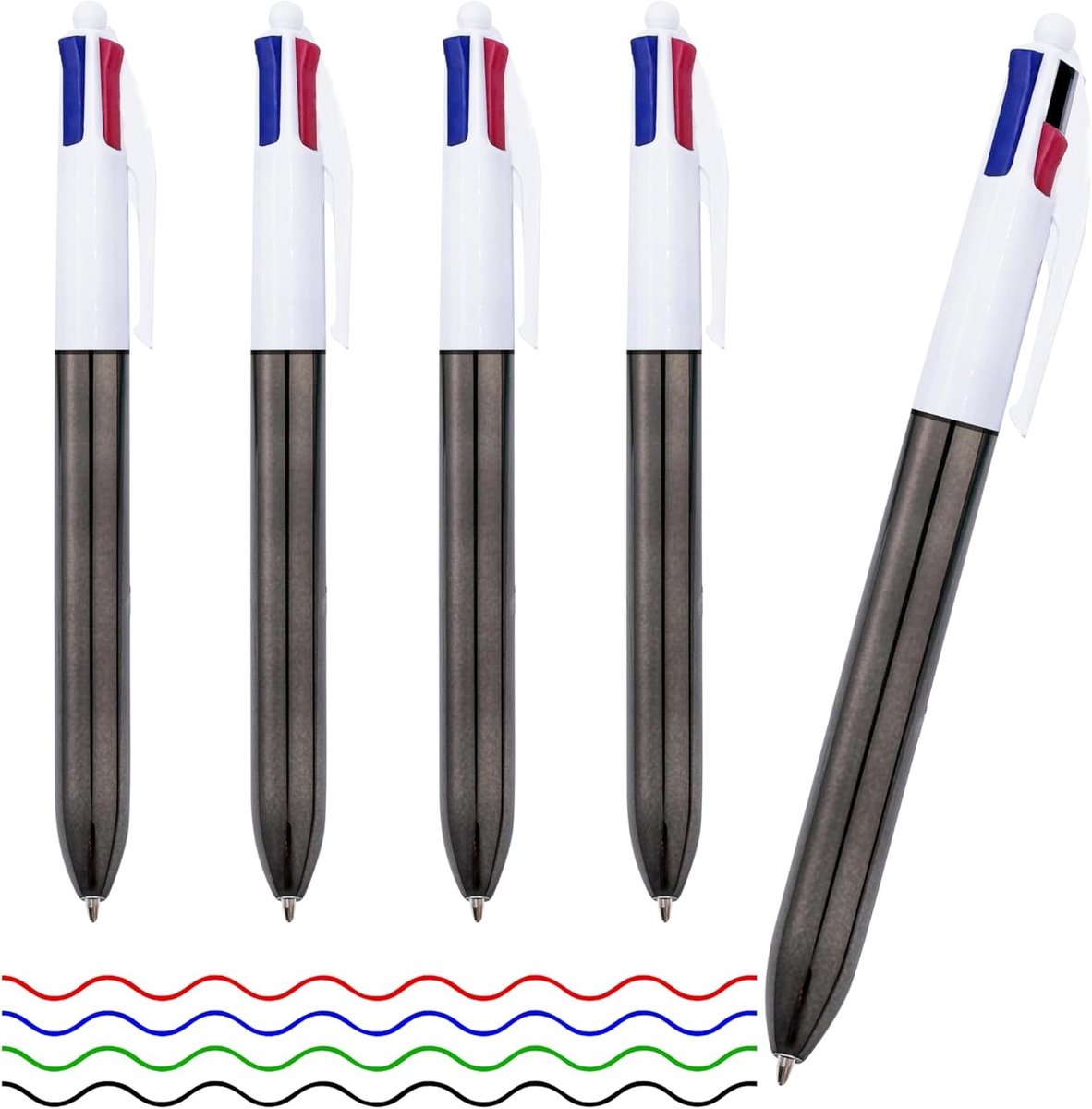 Vijfdelige balpen set in vier kleuren, 4-in-1 multifunctionele pen, ideaal voor kantoor, studie en als cadeau voor kinderen en studenten.