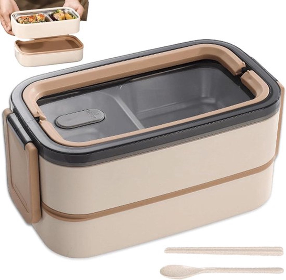 Bento box lunchbox van 1400 ml met 2 etages en vakken, lekvrij en luchtdicht, gemaakt van roestvrij staal, inclusief bestekset, BPA-vrij en magnetronbestendig voor onderweg