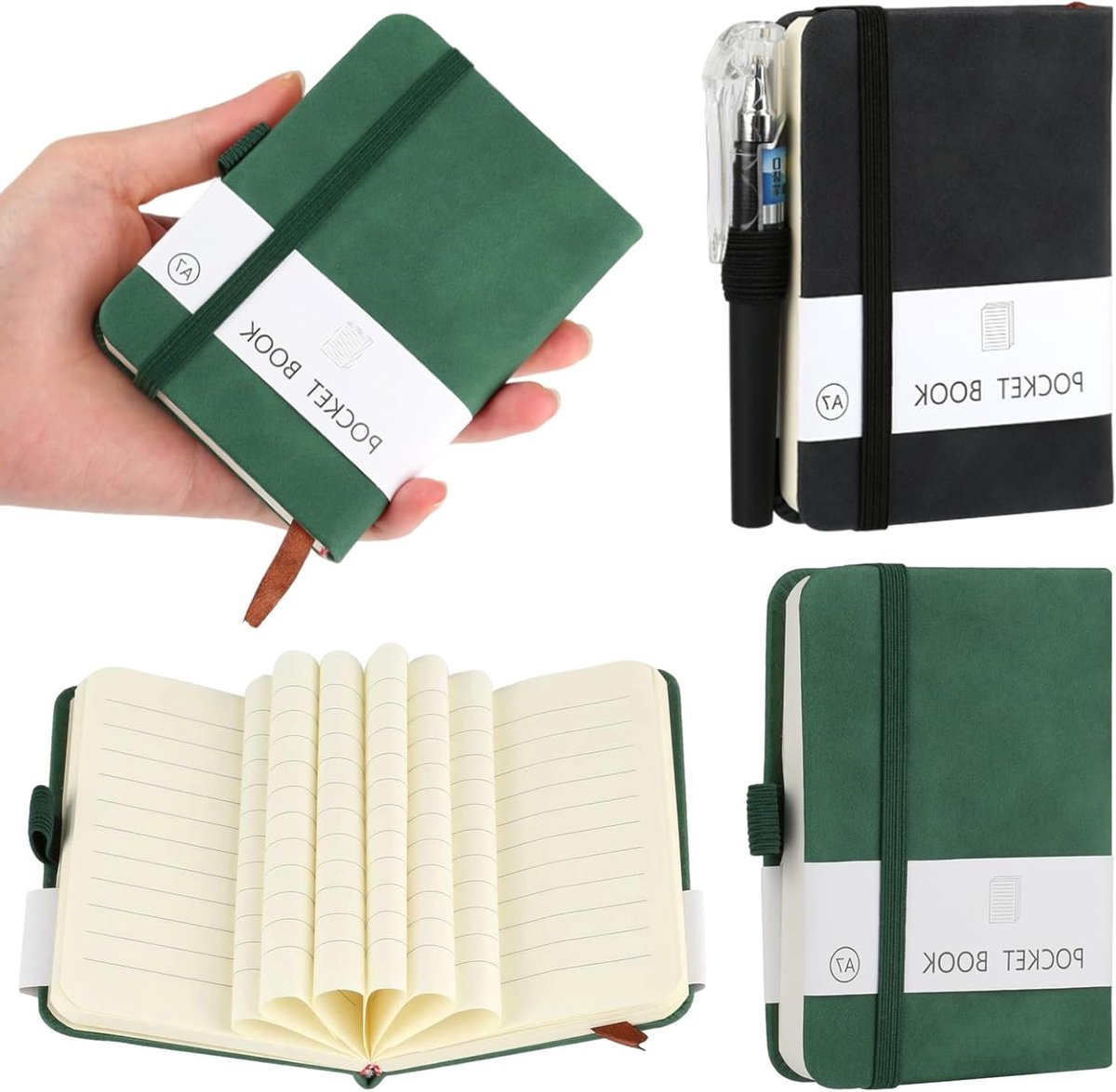 Klein Notizboek A7 met 200 pagina's, hardcover, elastisch sluitband en stifthouder, ideaal voor notities, schetsen en journaling voor mannen en vrouwen