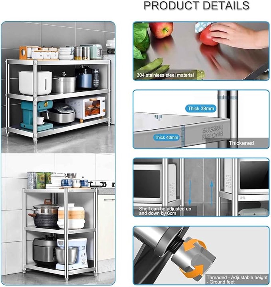 Keukenrek 3-Laags RVS Opbergrek 90x60x80 cm – Verstelbare Hoogte – Multifunctioneel Fruit & Groente Rek – Pantry, Garage & Badkamer Opslag – Heavy Duty Organisatie Rek