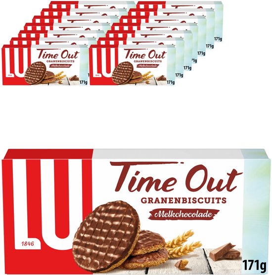 Dozen LU Time Out granenbiscuits Melkchocolade met cacaoglazuur en een rasterpatroon. Twee koekjes liggen op elkaar, met 2 tarwearen en 2 stukjes chocolade ernaast. 171g.