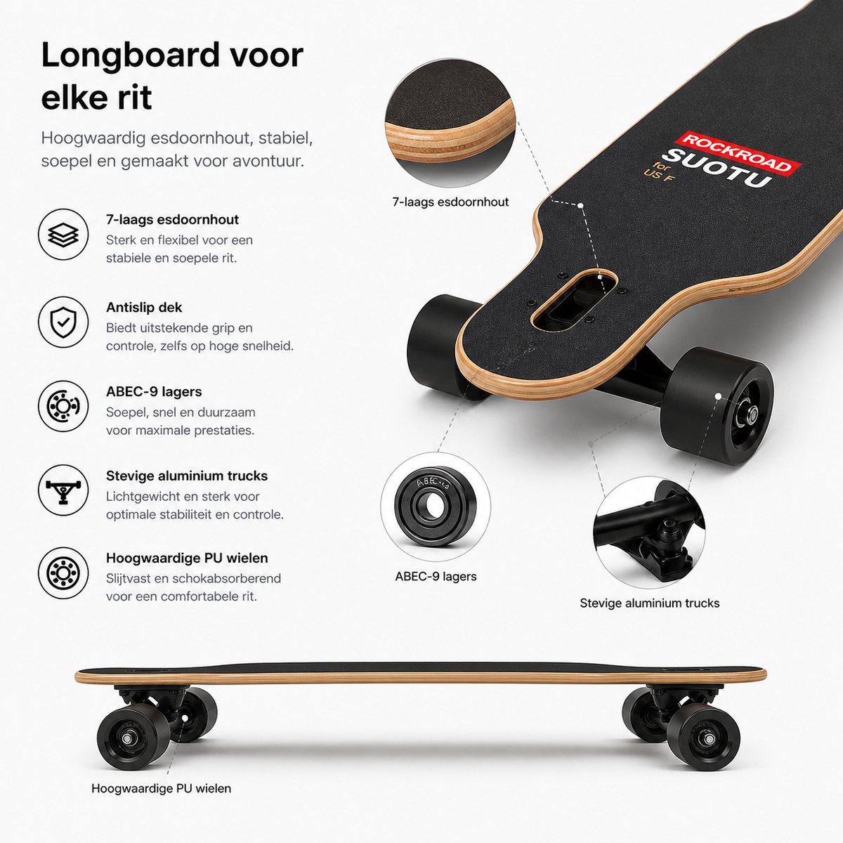 Suotu Skateboard - Longboard - 102.5x23x57.5 cm - ABEC-9 - 95A - schokabsorptie - Jongens - Meisjes - Volwassenen Skateboards — afbeelding 6