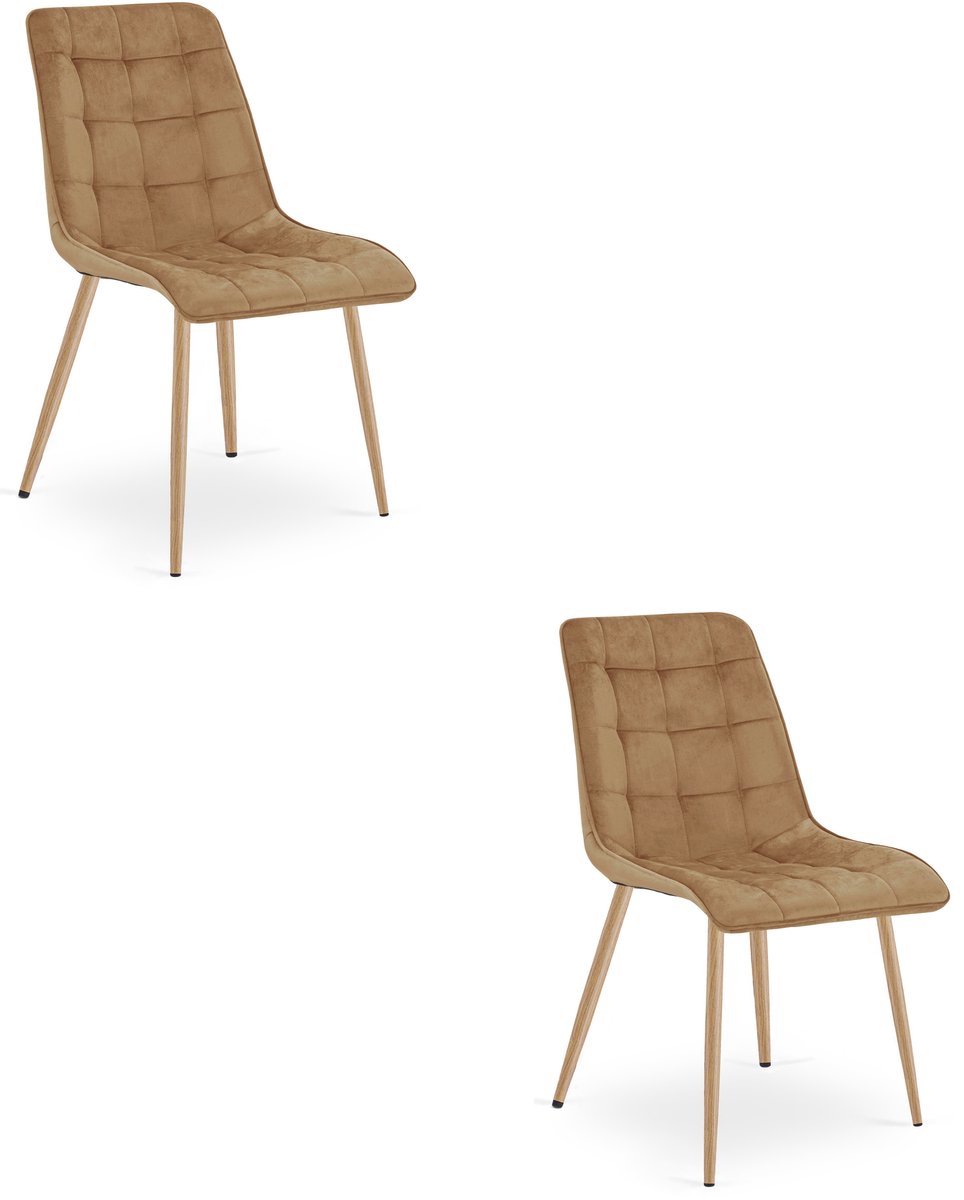 Set van 2 eetkamerstoelen SPLIT – Modern design – bruin fluweel – eiken poten