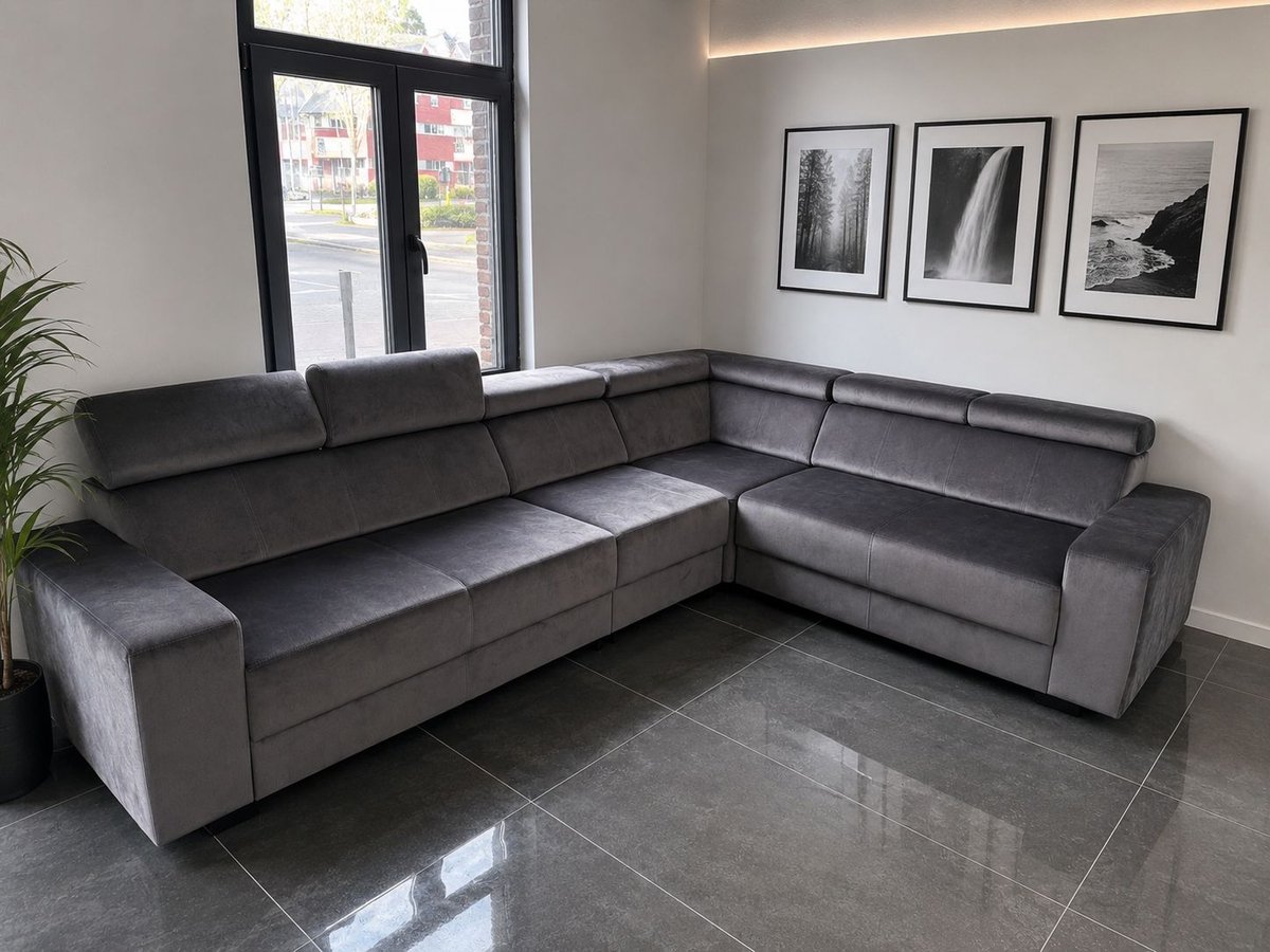 Hoekbank Hoeksalon KLAR - 6 zits - Grijs en grijs stiksels - afkuisbare velvet stof - Euro Comfort Design
