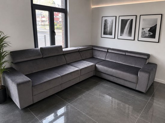 Hoekbank Hoeksalon KLAR - 6 zits - Grijs en grijs stiksels - afkuisbare velvet stof - Euro Comfort Design