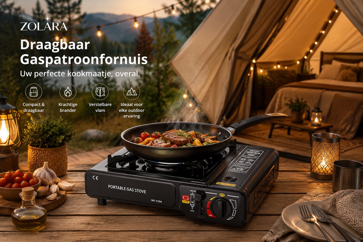 Zolara Draagbaar Gaspatroonfornuis - Glamping - Camping en Outdoor - Campingkooktoestel - Compact Butaan Gasfornuis met 1 Brander - Glamping - Kookstel - Fornuis - Campingfornuis - Kampeerkooktoestellen