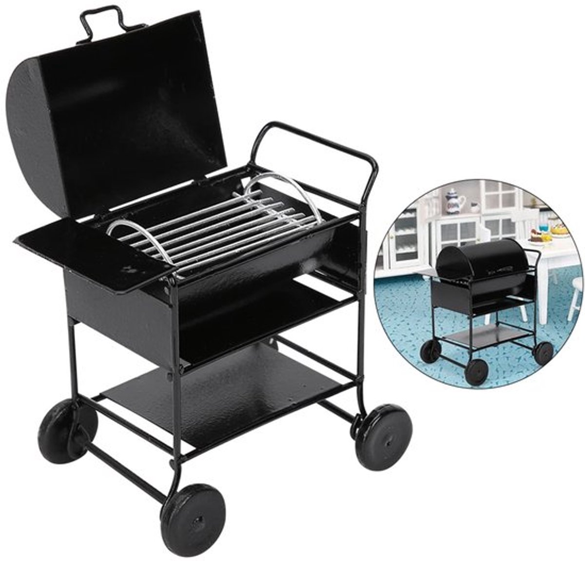 Miniatuur BBQ Grill Ornament, Miniatuur BBQ Grill Oven Model, Poppenhuis Kookgereedschap, voor Poppenhuis Speelmaat, 1:12 Schaal IJzeren Handkar