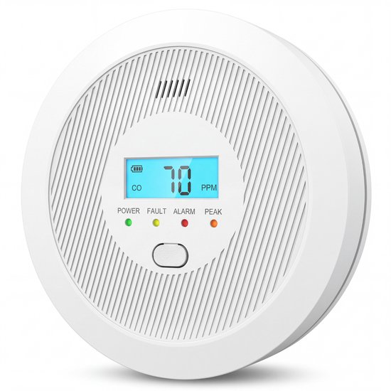 Witte, ronde koolmonoxidemelder met geribbelde voorkant en blauw LCD-scherm.