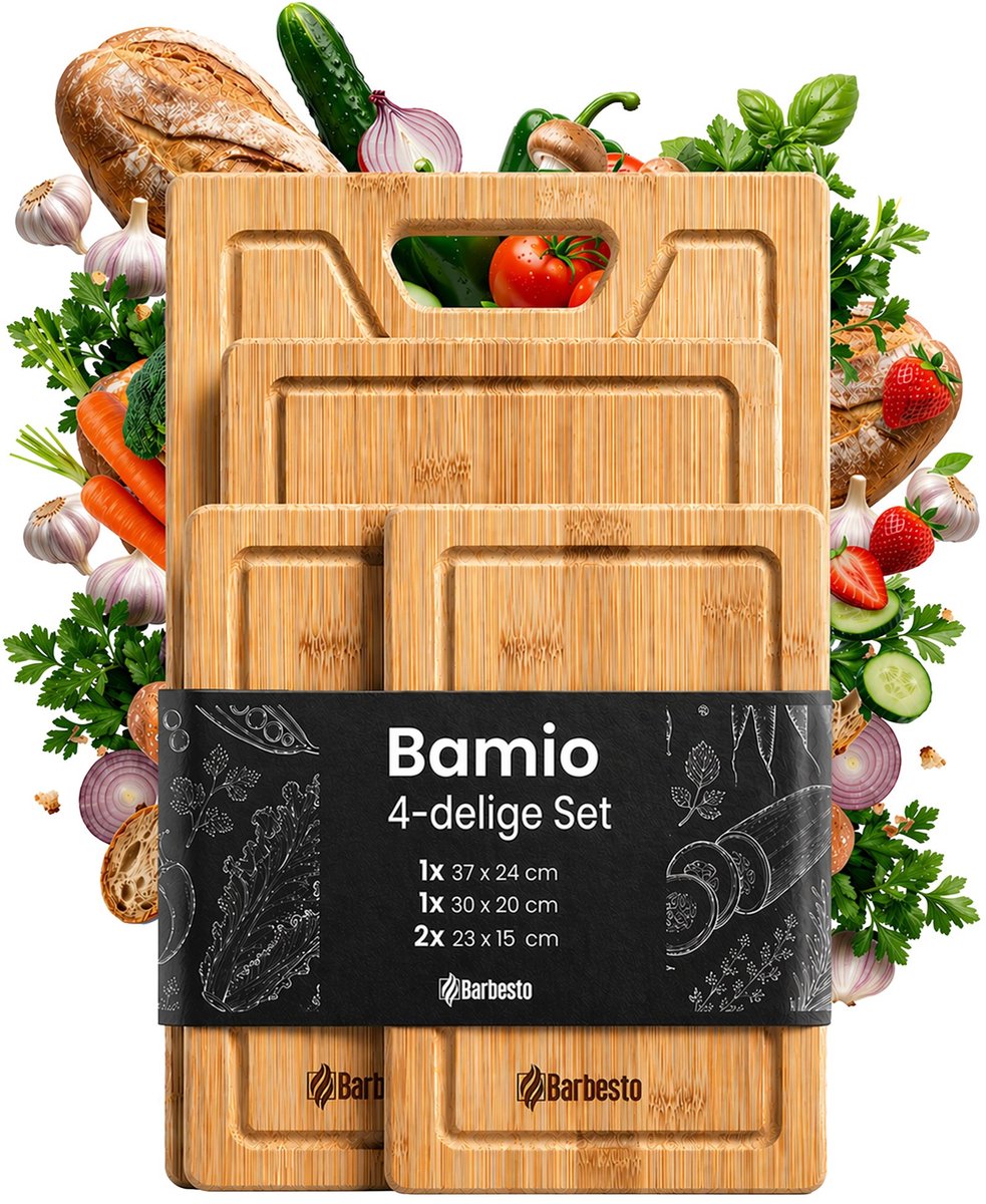 CLP Bamio Snijplankenset - Bamboe - 4-delig - Antibacterieel - Sapgeul - natura