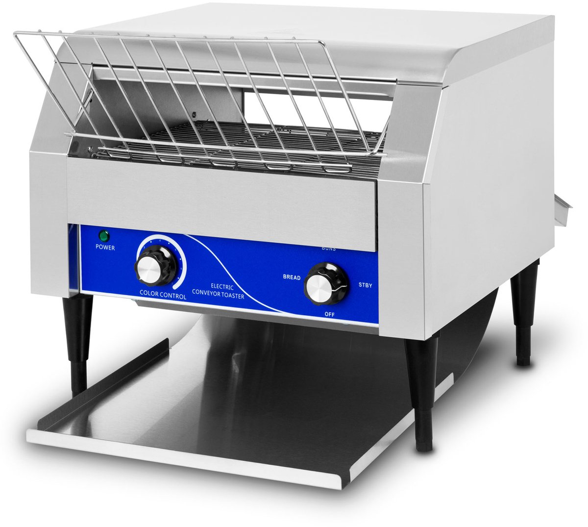 VERTES Transportbandtoaster met roestvrijstalen transportband (2640W, 230V, professioneel horecamodel voor toast en hamburgerbroodjes, extra compartiment, 2 uitvoerlades, 7 snelheidsniveaus, kruimellade, 2 standen)